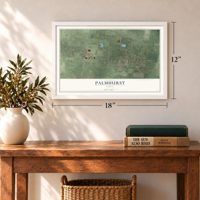 Palmhurst, Texas map, 12 x 18 inch print in a white frame in an entryway