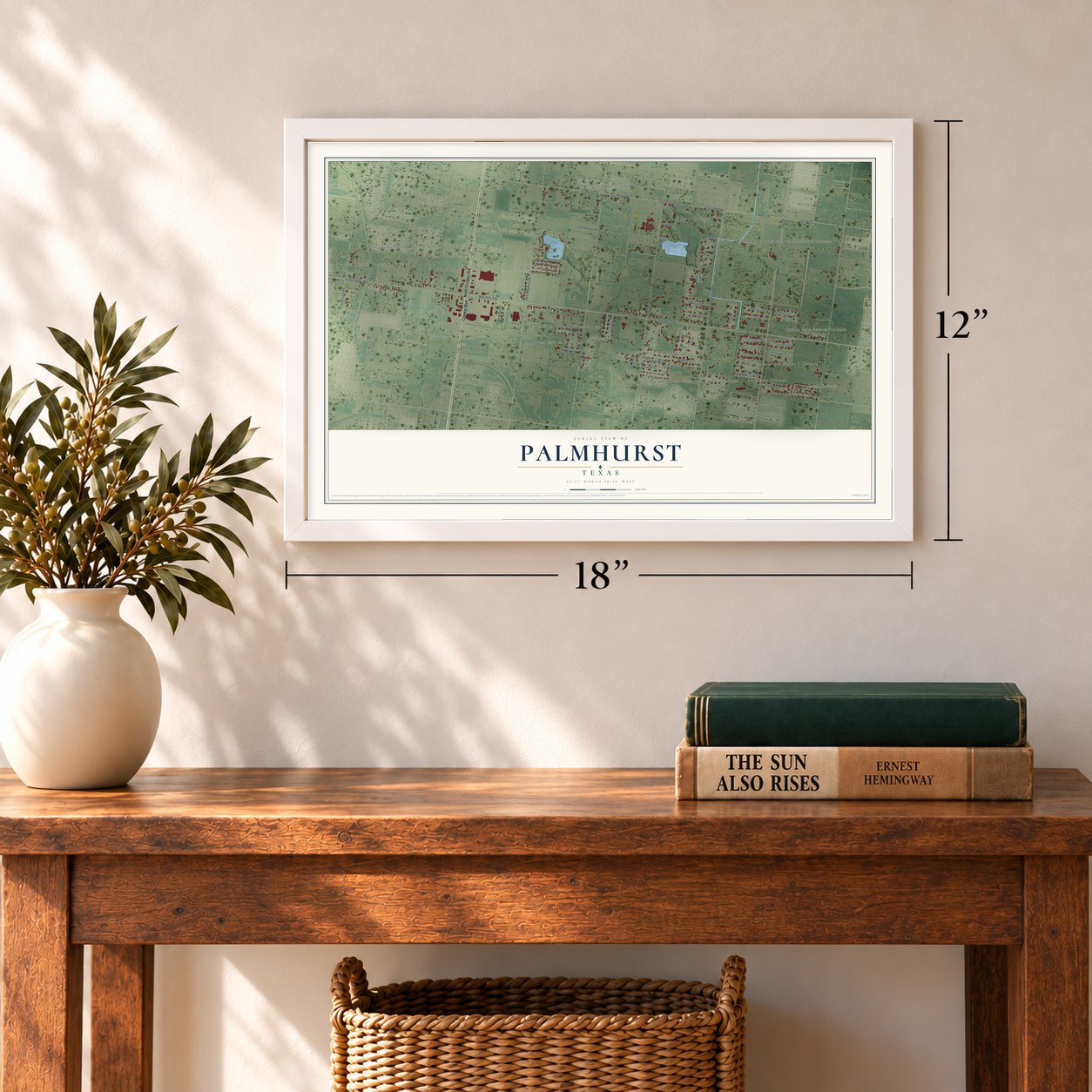 Palmhurst, Texas map, 12 x 18 inch print in a white frame in an entryway