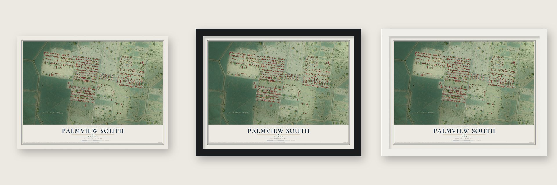 Palmview South, Texas map unframed, in a black wood frame and in a white wood frame
