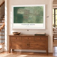Palmview South, Texas map, 24 x 36 inch print in a white frame above a dresser by a staircase