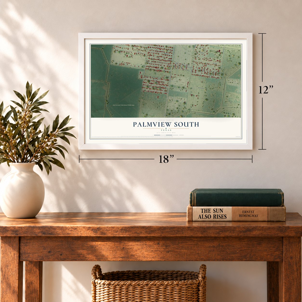 Palmview South, Texas map, 12 x 18 inch print in a white frame in an entryway