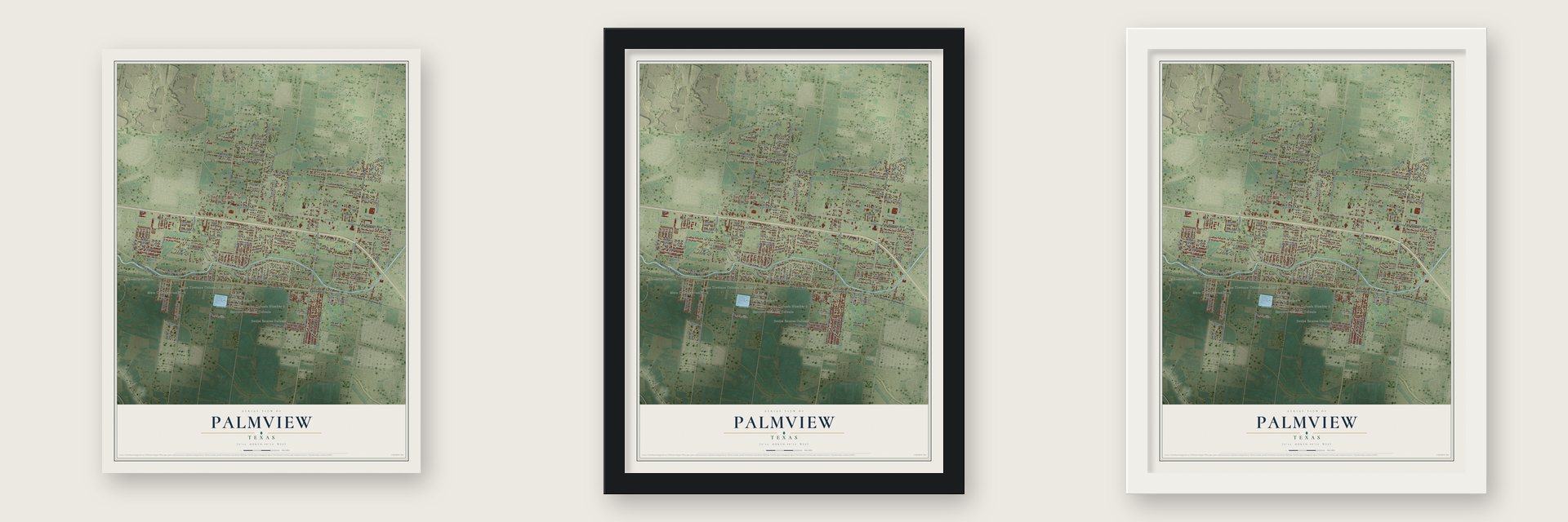 Palmview, Texas map unframed, in a black wood frame and in a white wood frame