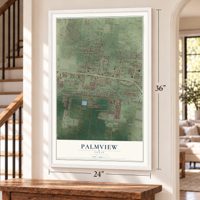 Palmview, Texas map, 24 x 36 inch print in a white frame by a staircase