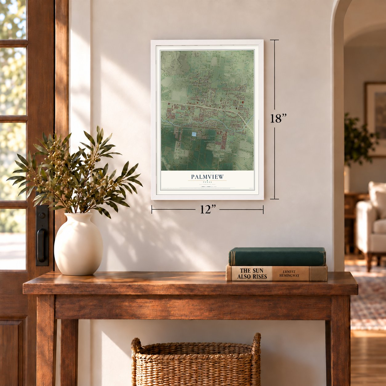 Palmview, Texas map, 12 x 18 inch print in a white frame in an entryway