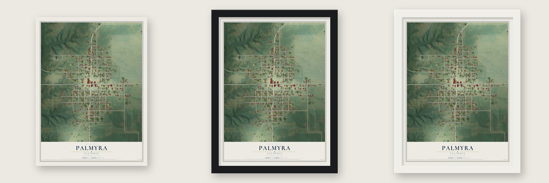 Palmyra, Illinois map unframed, in a black wood frame and in a white wood frame