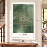Palmyra, Illinois map, 24 x 36 inch print in a white frame by a staircase