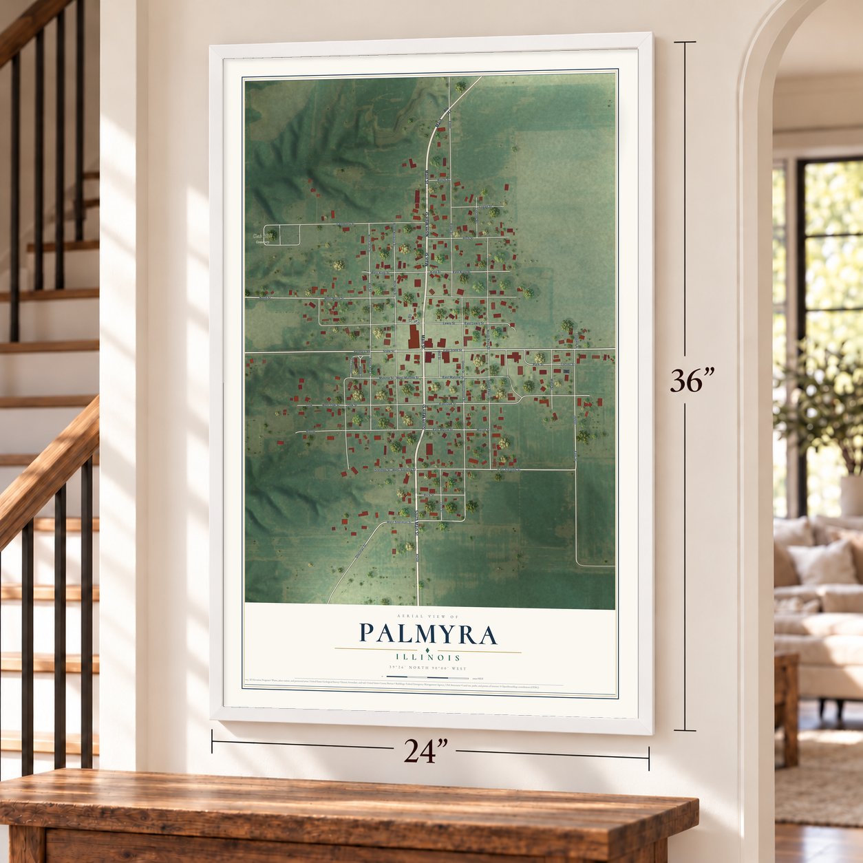 Palmyra, Illinois map, 24 x 36 inch print in a white frame by a staircase