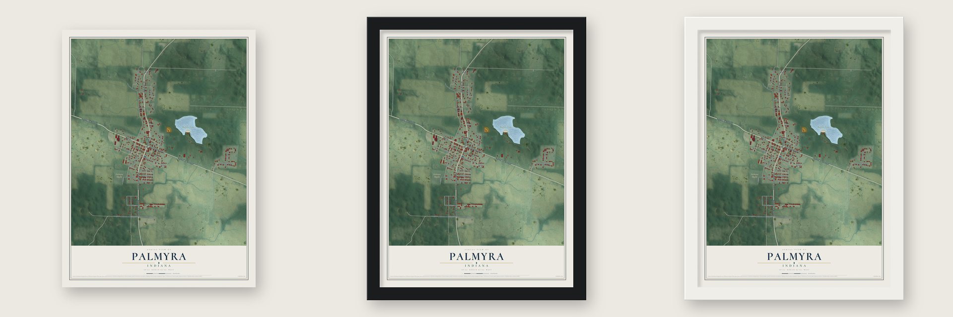 Palmyra, Indiana map unframed, in a black wood frame and in a white wood frame