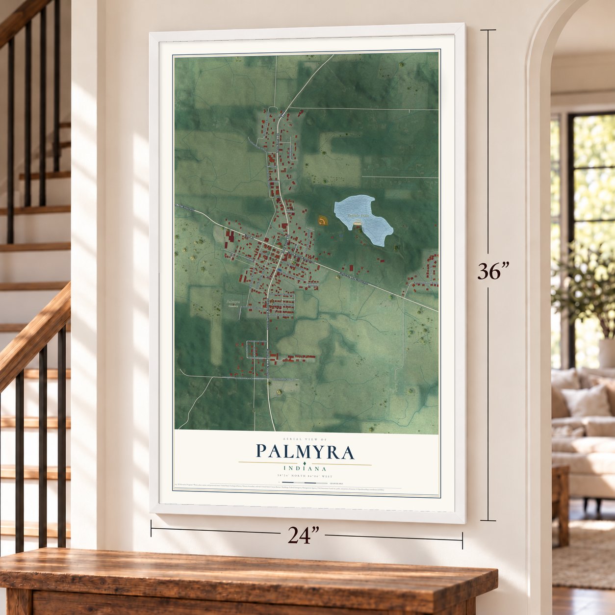 Palmyra, Indiana map, 24 x 36 inch print in a white frame by a staircase