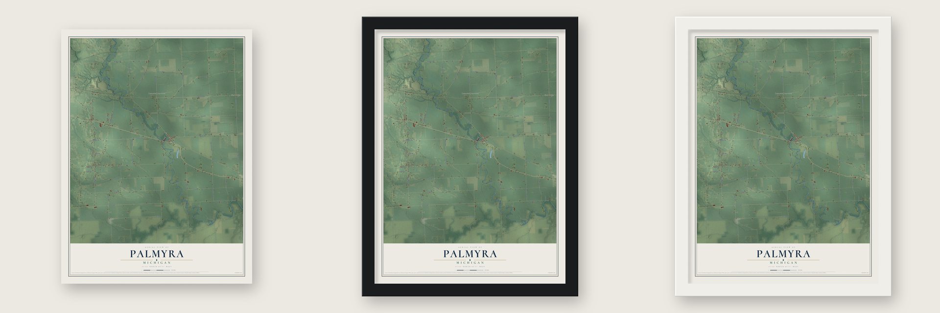 Palmyra, Michigan map unframed, in a black wood frame and in a white wood frame