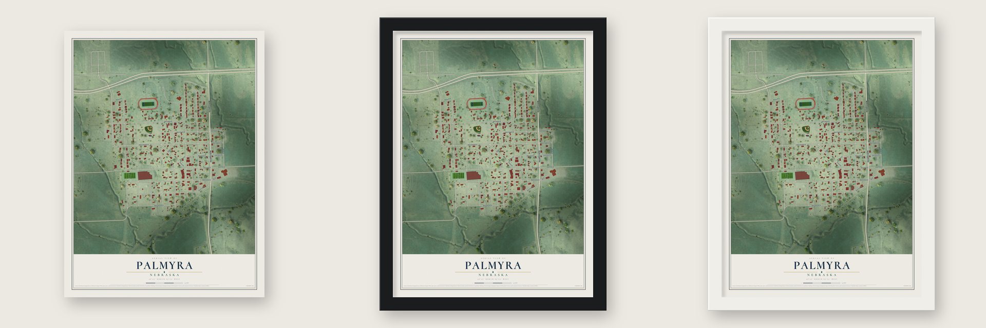 Palmyra, Nebraska map unframed, in a black wood frame and in a white wood frame
