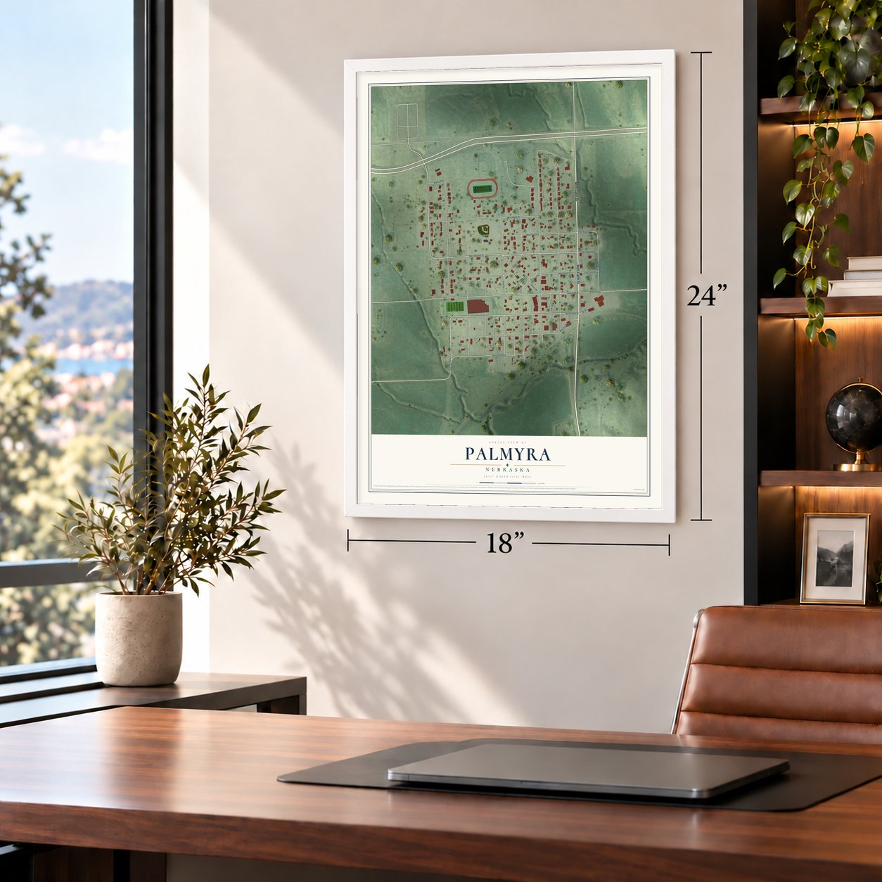 Palmyra, Nebraska map, 18 x 24 inch print in a white frame in a home office