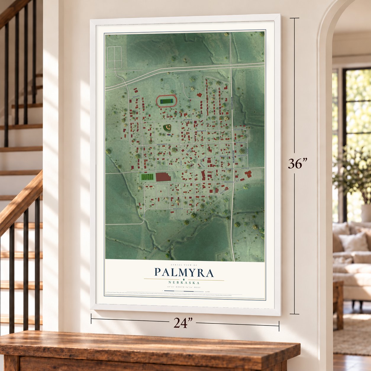 Palmyra, Nebraska map, 24 x 36 inch print in a white frame by a staircase