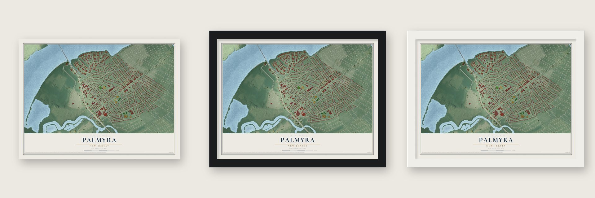 Palmyra, New Jersey map unframed, in a black wood frame and in a white wood frame