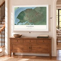 Palmyra, New Jersey map, 24 x 36 inch print in a white frame above a dresser by a staircase