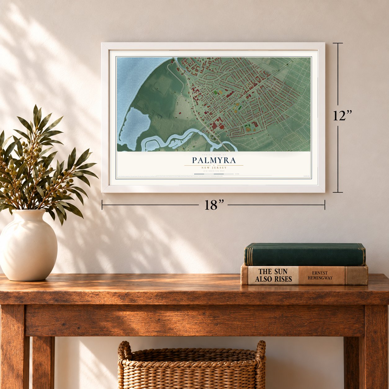Palmyra, New Jersey map, 12 x 18 inch print in a white frame in an entryway