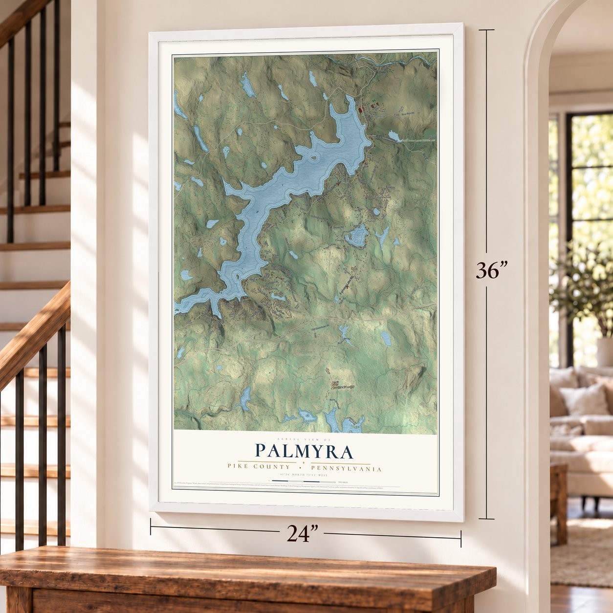 Palmyra, Pike County, Pennsylvania map, 24 x 36 inch print in a white frame by a staircase