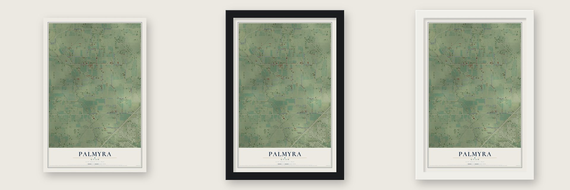 Palmyra, Utah map unframed, in a black wood frame and in a white wood frame