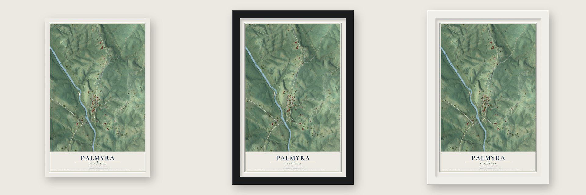 Palmyra, Virginia map unframed, in a black wood frame and in a white wood frame