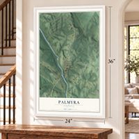 Palmyra, Virginia map, 24 x 36 inch print in a white frame by a staircase