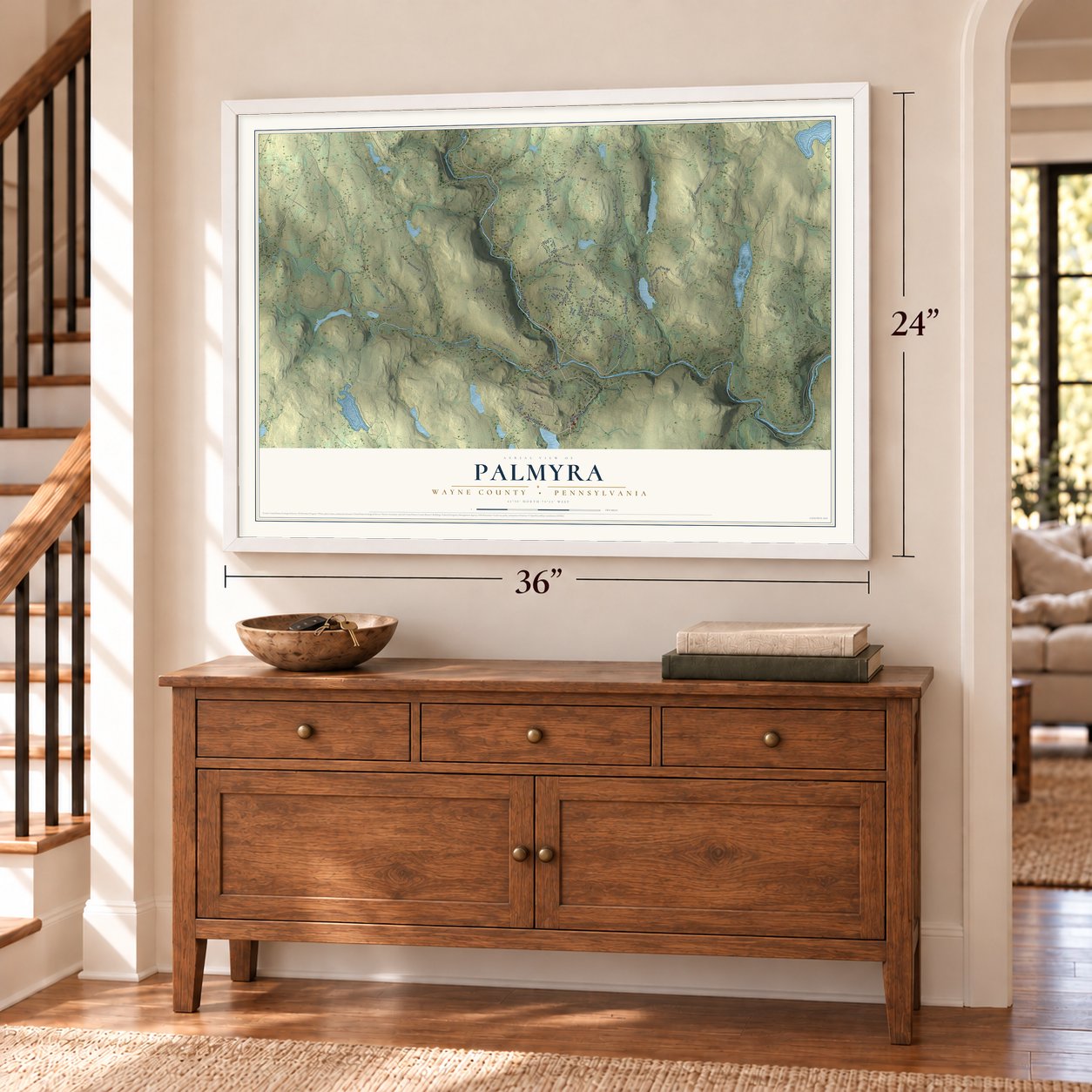 Palmyra, Wayne County, Pennsylvania map, 24 x 36 inch print in a white frame above a dresser by a staircase