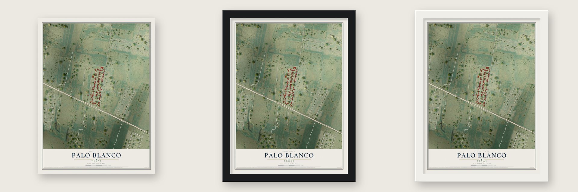Palo Blanco, Texas map unframed, in a black wood frame and in a white wood frame