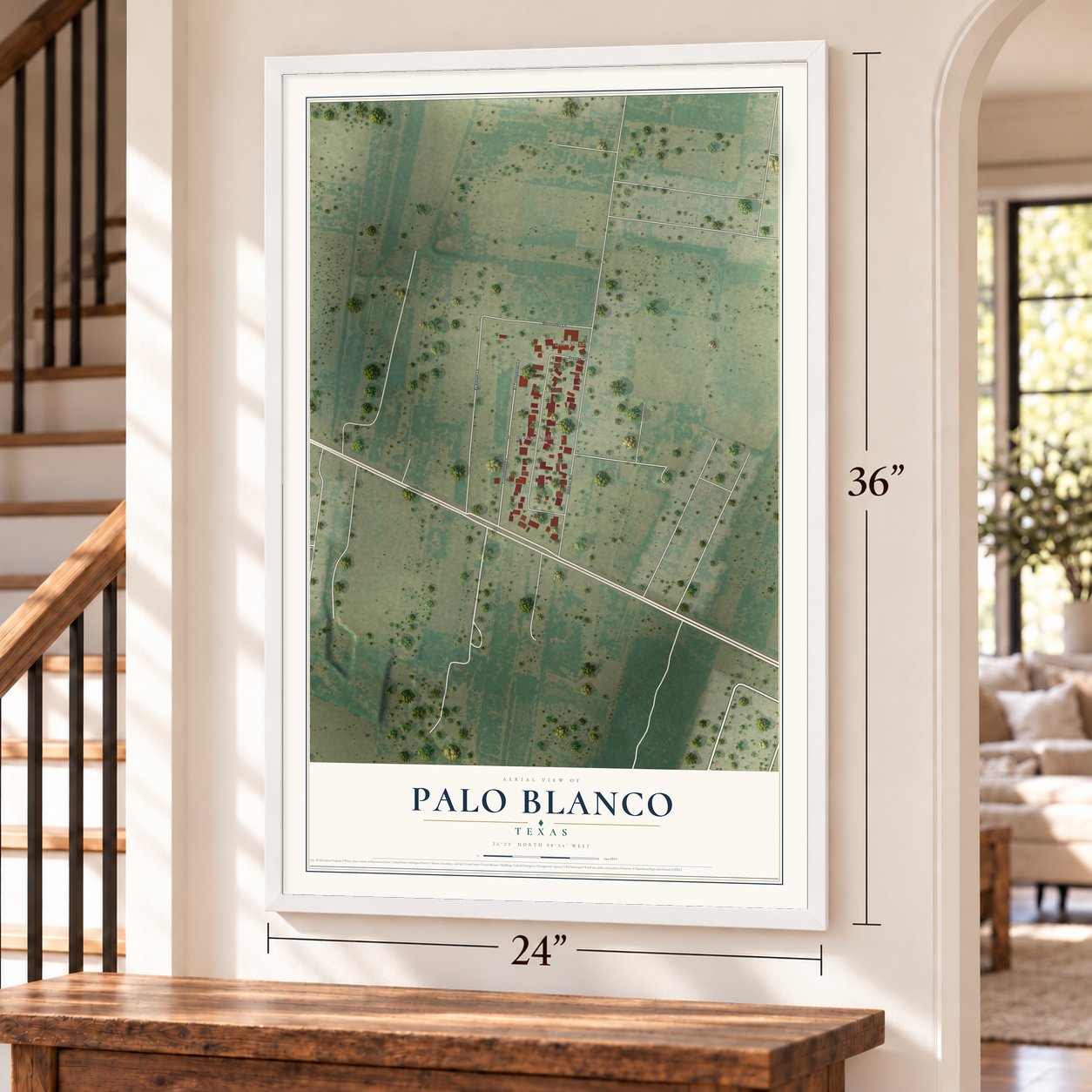 Palo Blanco, Texas map, 24 x 36 inch print in a white frame by a staircase