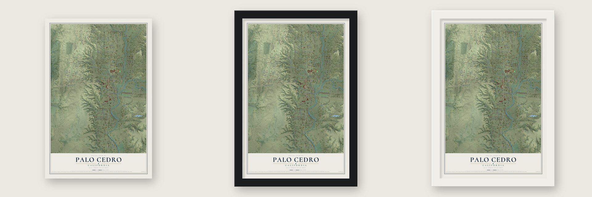 Palo Cedro, California map unframed, in a black wood frame and in a white wood frame