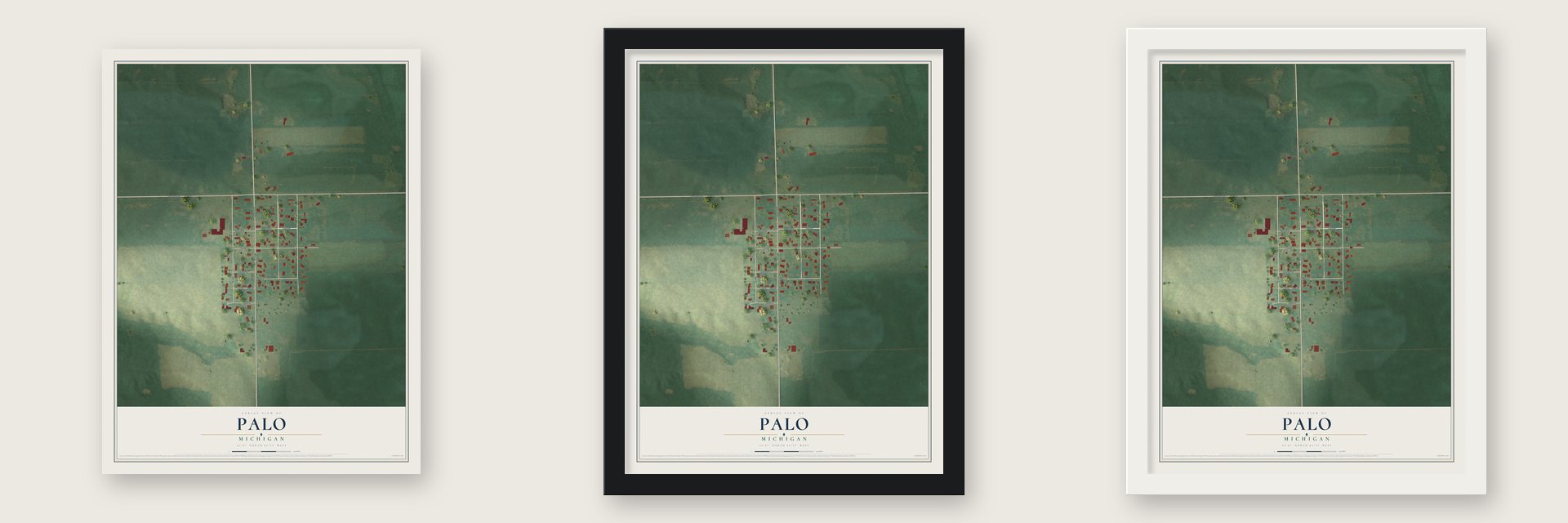 Palo, Michigan map unframed, in a black wood frame and in a white wood frame