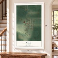Palo, Michigan map, 24 x 36 inch print in a white frame by a staircase