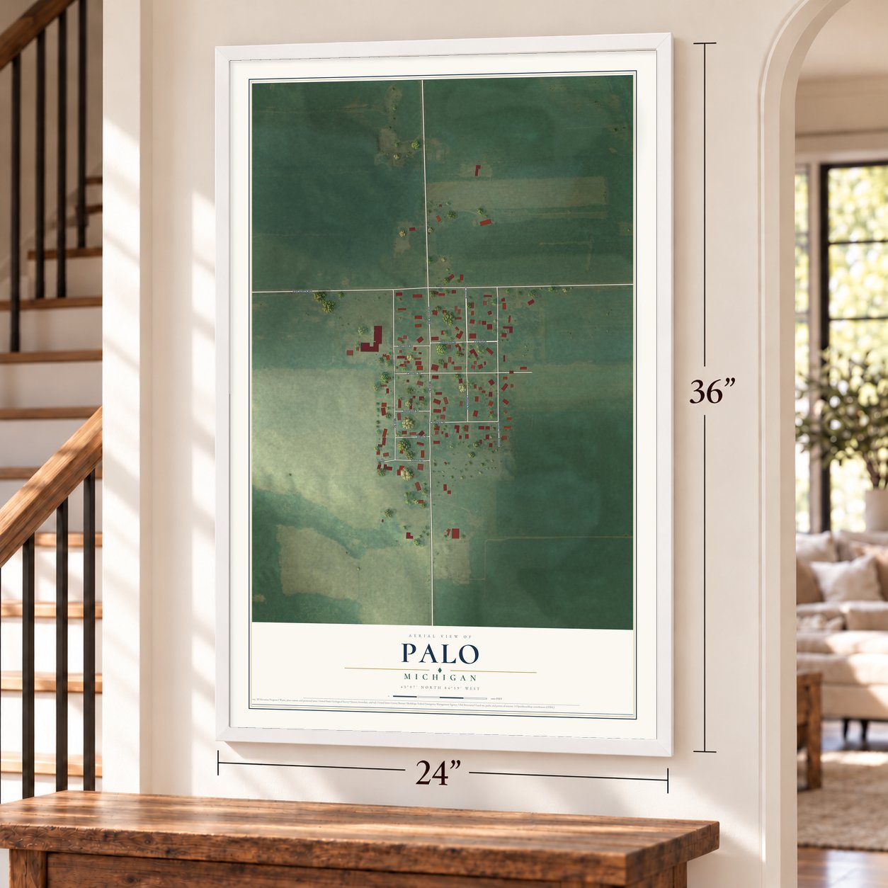 Palo, Michigan map, 24 x 36 inch print in a white frame by a staircase