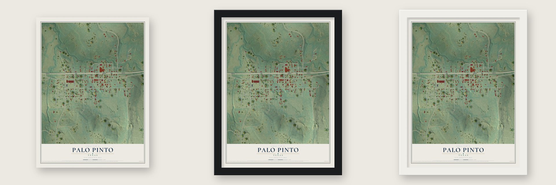 Palo Pinto, Texas map unframed, in a black wood frame and in a white wood frame