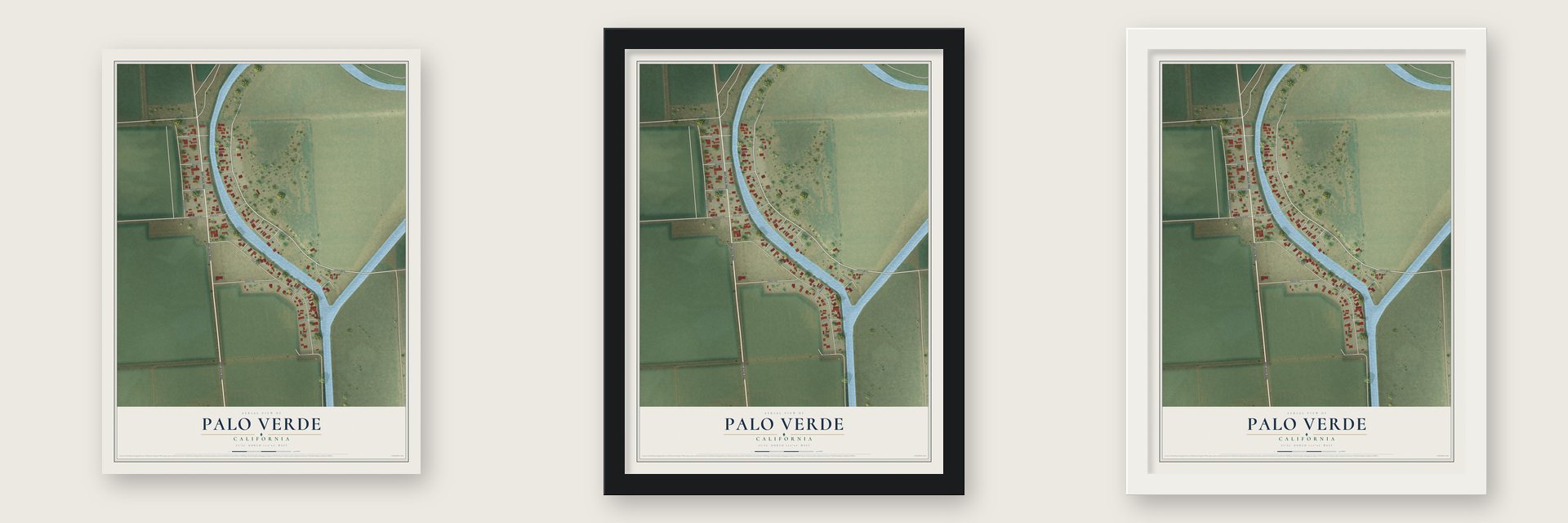 Palo Verde, California map unframed, in a black wood frame and in a white wood frame