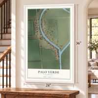 Palo Verde, California map, 24 x 36 inch print in a white frame by a staircase