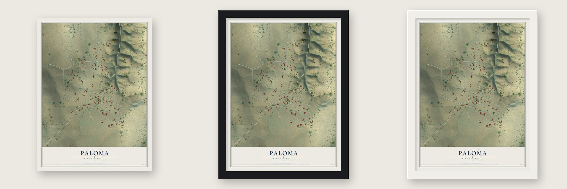 Paloma, California map unframed, in a black wood frame and in a white wood frame