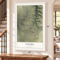 Paloma, California map, 24 x 36 inch print in a white frame by a staircase