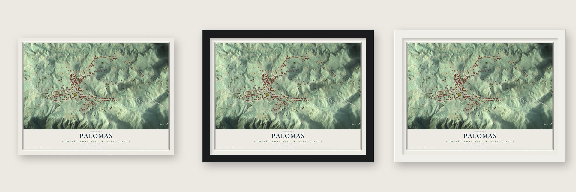Palomas, Puerto Rico map unframed, in a black wood frame and in a white wood frame