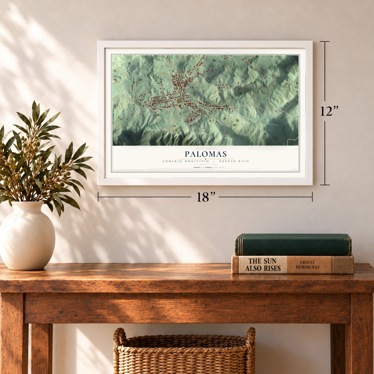 Palomas, Puerto Rico map, 12 x 18 inch print in a white frame in an entryway