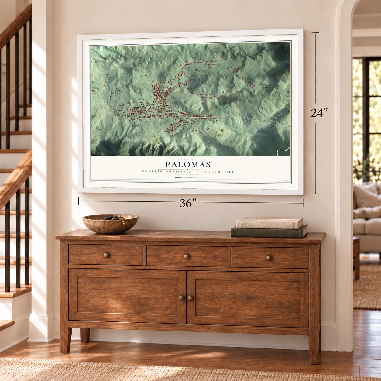 Palomas, Puerto Rico map, 24 x 36 inch print in a white frame above a dresser by a staircase