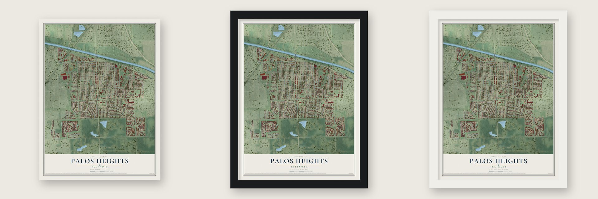 Palos Heights, Illinois map unframed, in a black wood frame and in a white wood frame