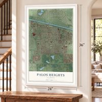 Palos Heights, Illinois map, 24 x 36 inch print in a white frame by a staircase