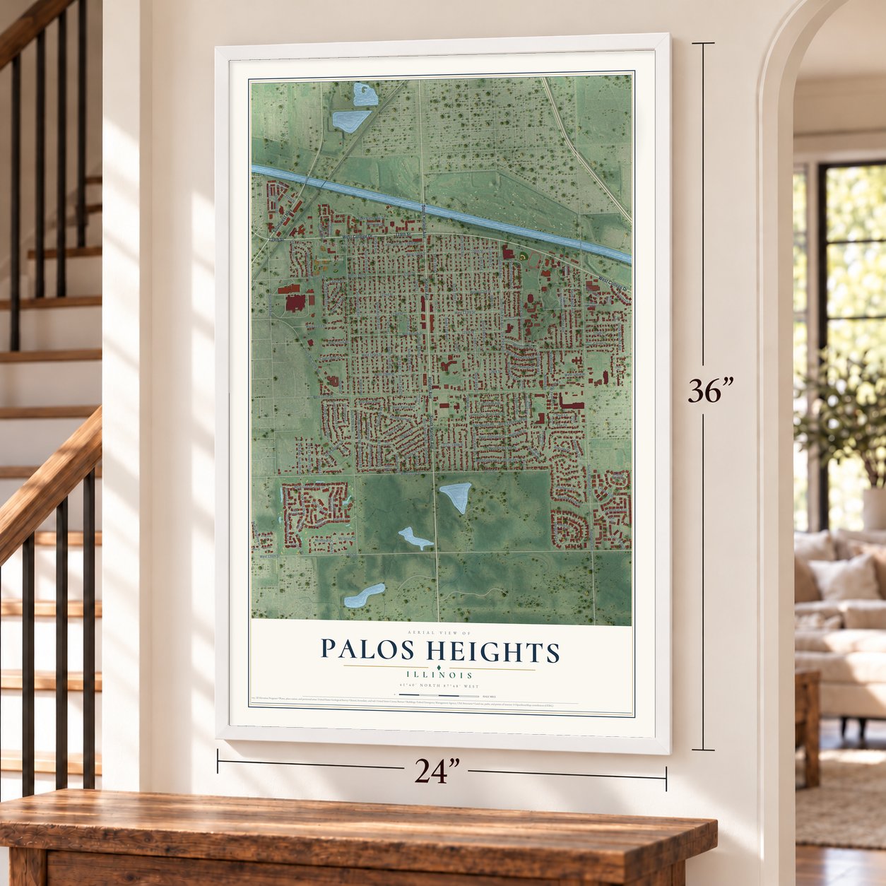 Palos Heights, Illinois map, 24 x 36 inch print in a white frame by a staircase