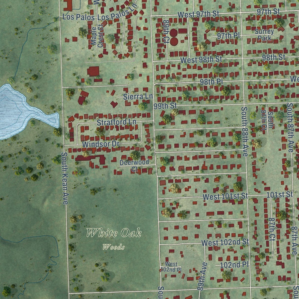 Second close-up of the map of Palos Hills, Illinois print showing more streets and buildings