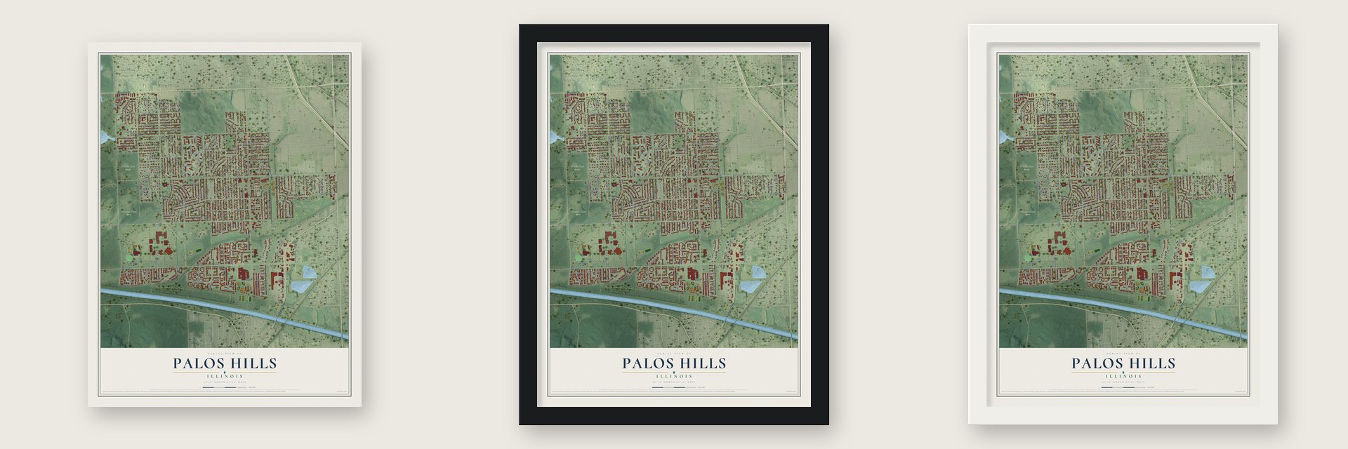 Palos Hills, Illinois map unframed, in a black wood frame and in a white wood frame