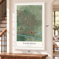 Palos Hills, Illinois map, 24 x 36 inch print in a white frame by a staircase