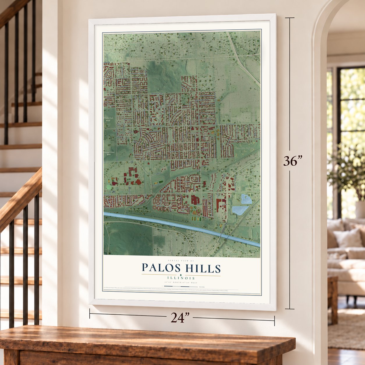 Palos Hills, Illinois map, 24 x 36 inch print in a white frame by a staircase