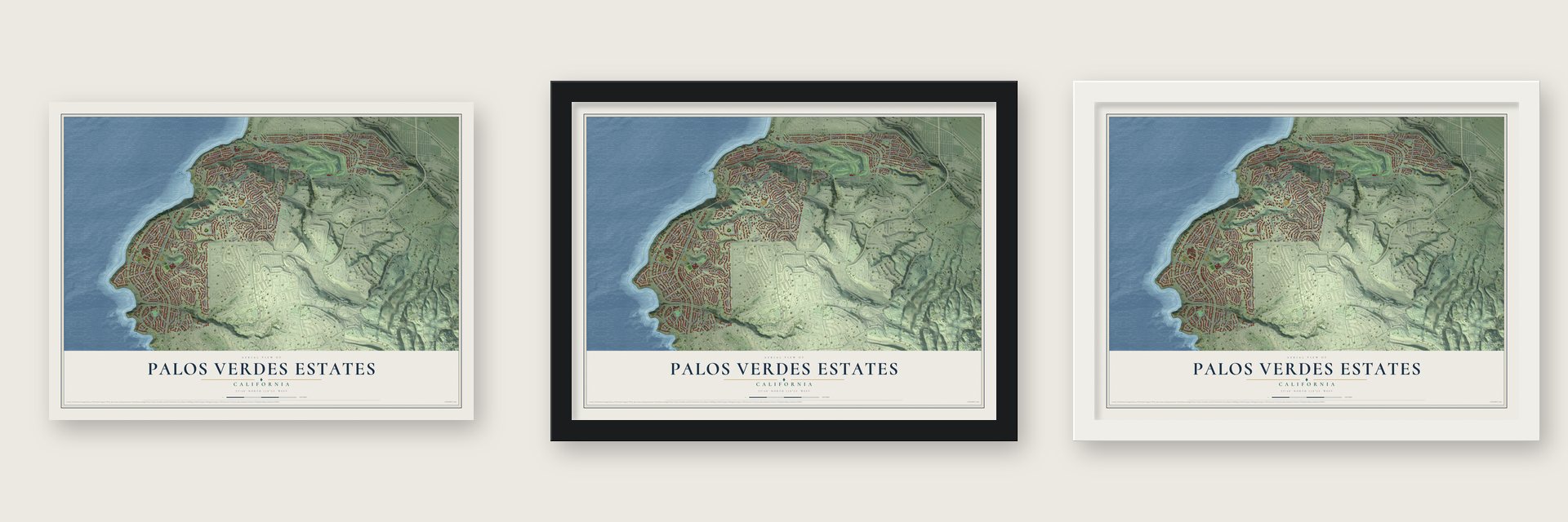 Palos Verdes Estates, California map unframed, in a black wood frame and in a white wood frame