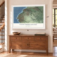 Palos Verdes Estates, California map, 24 x 36 inch print in a white frame above a dresser by a staircase