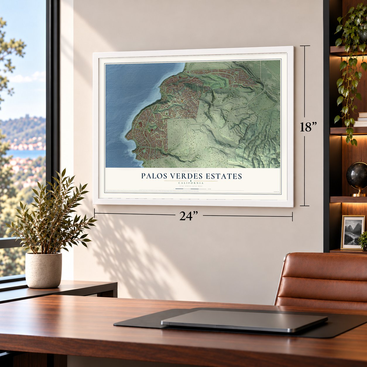 Palos Verdes Estates, California map, 18 x 24 inch print in a white frame in a home office