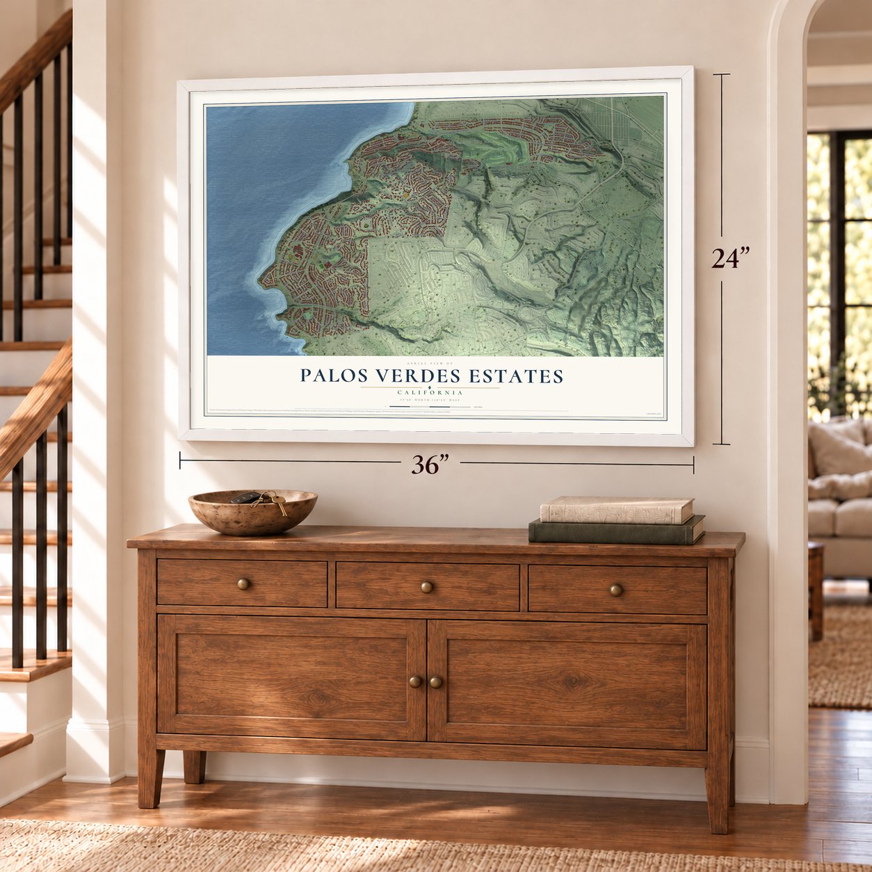 Palos Verdes Estates, California map, 24 x 36 inch print in a white frame above a dresser by a staircase